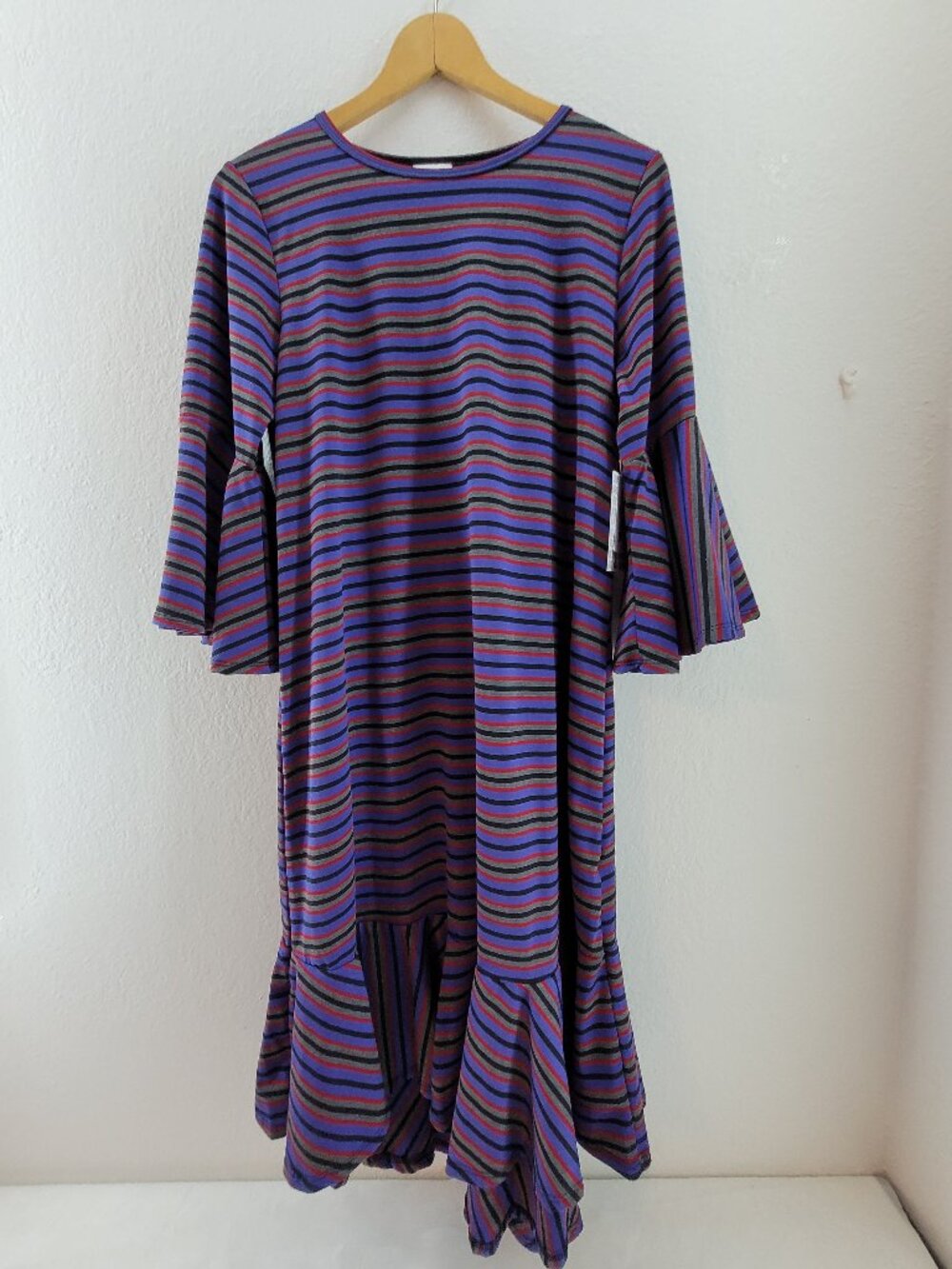 Lularoe Maurine Dress Size L Multicolor Black Stripe Swing Prairie USA NWT